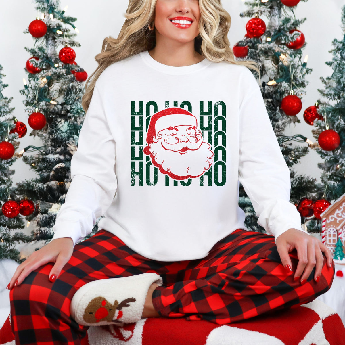Ho Ho Ho Glitter Santa - Women's Garment Dyed Long Sleeve