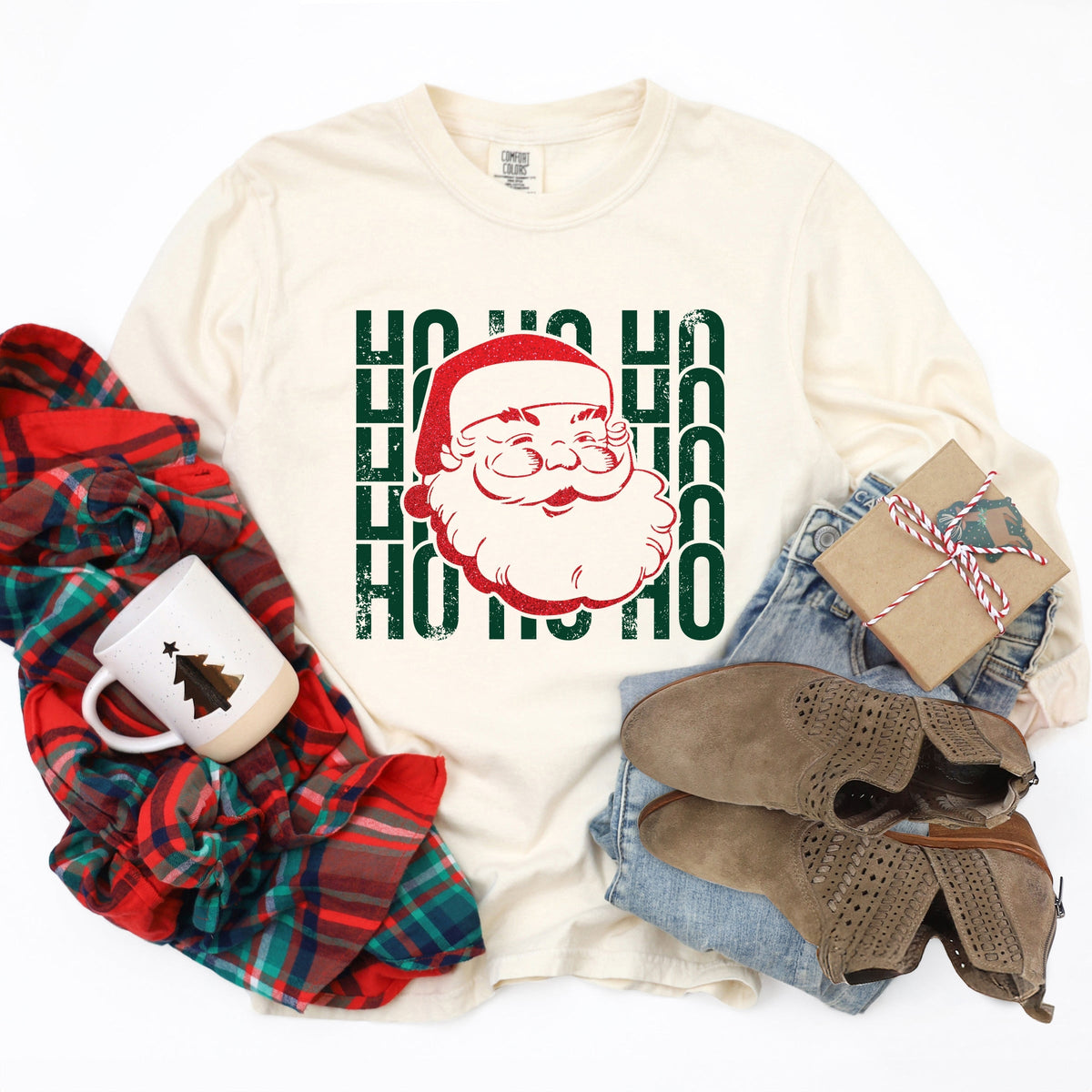 Ho Ho Ho Glitter Santa - Women's Garment Dyed Long Sleeve