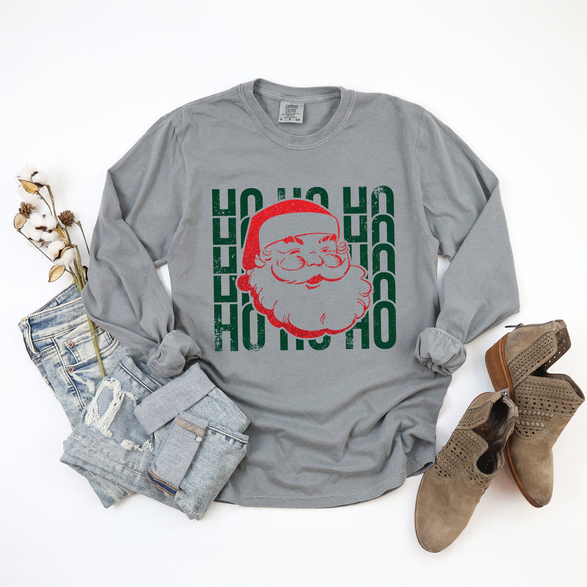 Ho Ho Ho Glitter Santa - Women's Garment Dyed Long Sleeve