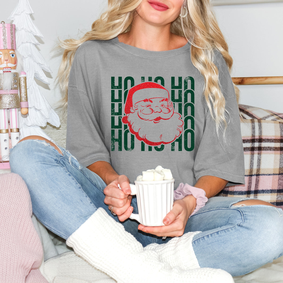 Ho Ho Ho Glitter Santa - Women's Garment Dyed Tee