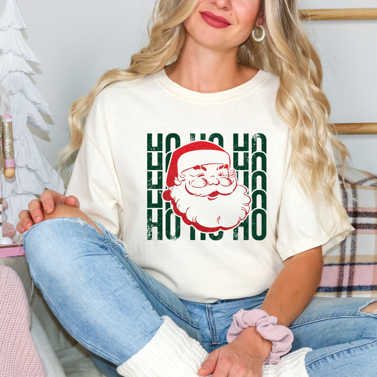 Ho Ho Ho Glitter Santa - Women's Garment Dyed Tee