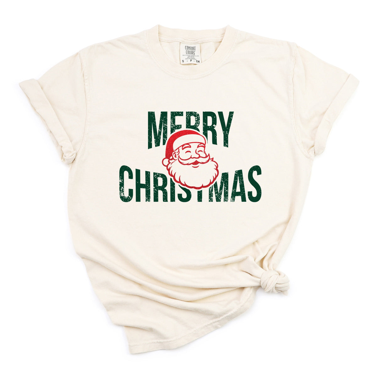 Merry Christmas Arched Glitter Santa - Women's Garment Dyed Graphic T-Shirt