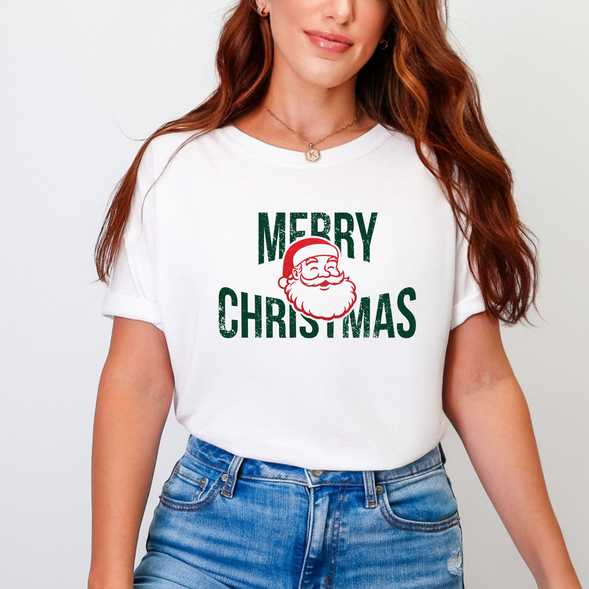 Merry Christmas Arched Glitter Santa - Women's Garment Dyed Graphic T-Shirt