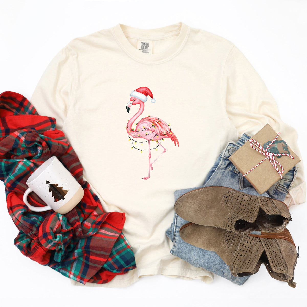Flamingo Christmas Lights Watercolor - Garment Dyed Long Sleeve