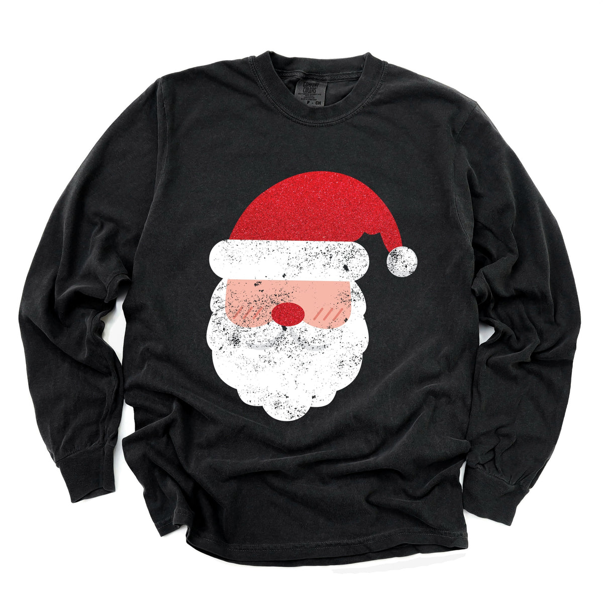 Santa Face Glitter - Womens Garment Dyed Long Sleeve