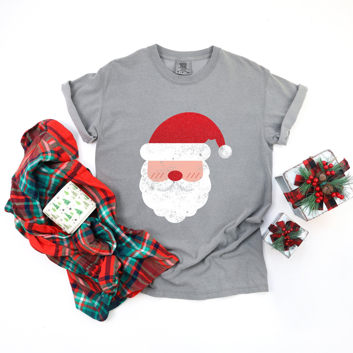 Santa Face Glitter - Womens Garment Dyed Tee