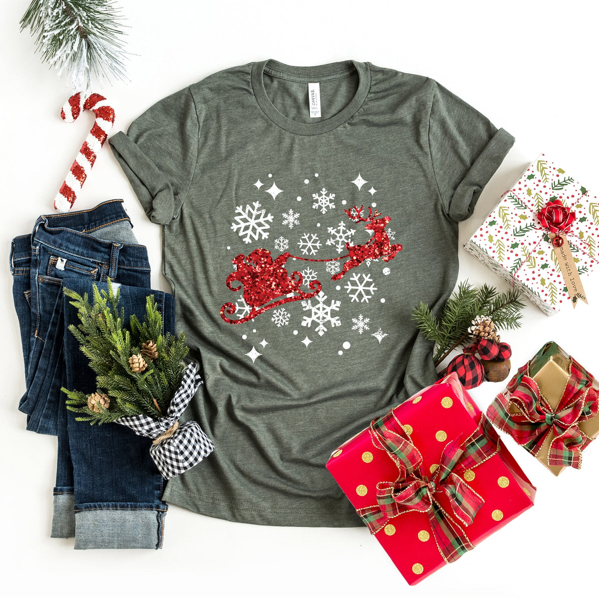 Santa Sleigh Glitter - Womens Short Sleeve Tee