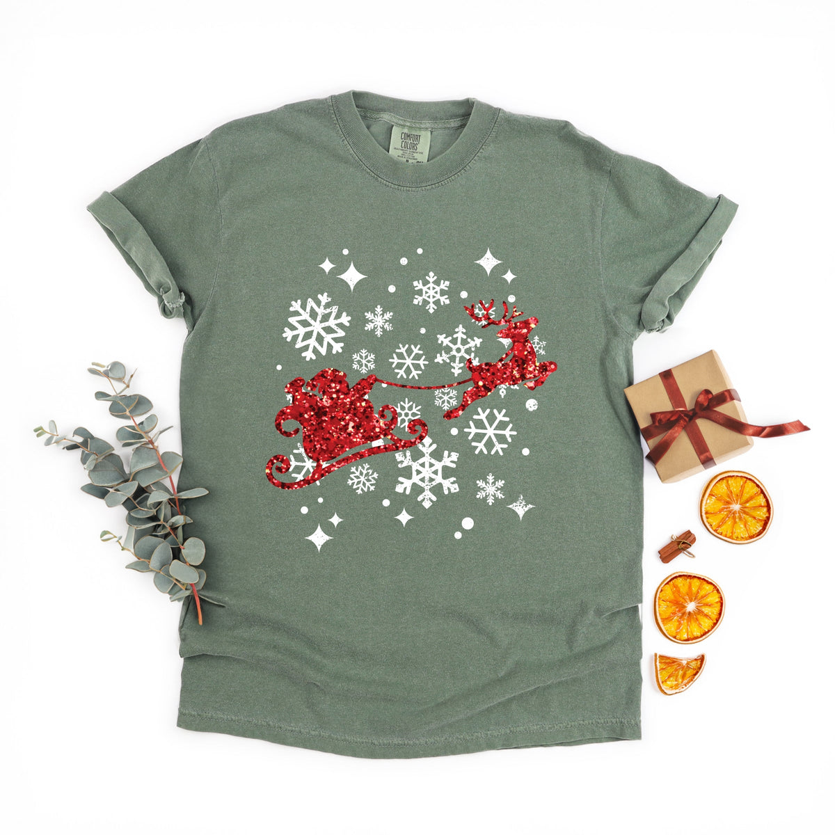 Santa Sleigh Glitter - Womens Garment Dyed Tee