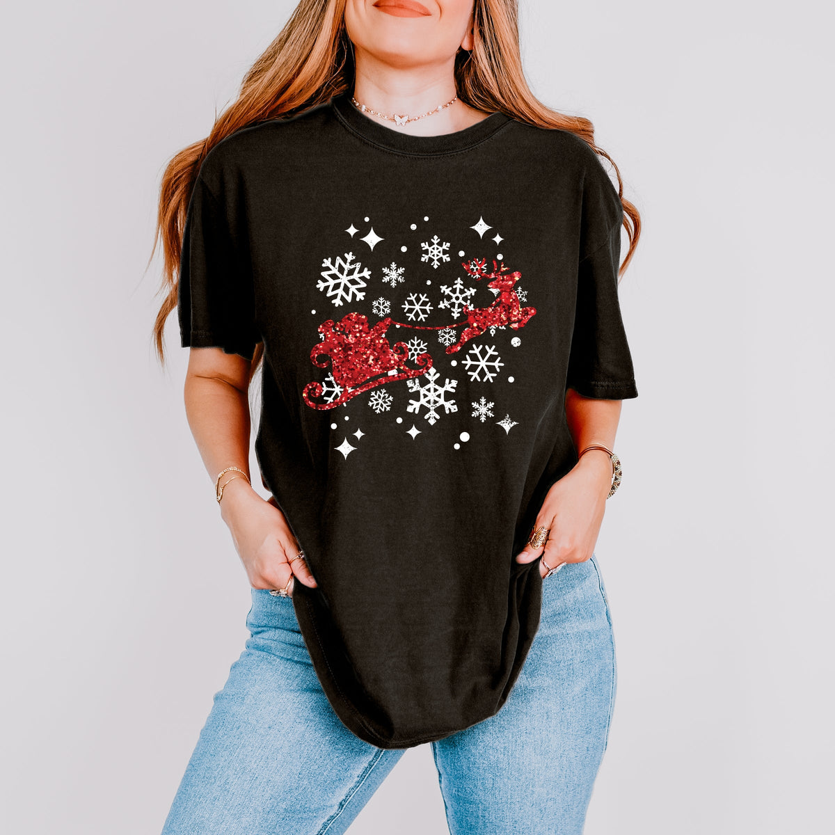 Santa Sleigh Glitter - Womens Garment Dyed Tee
