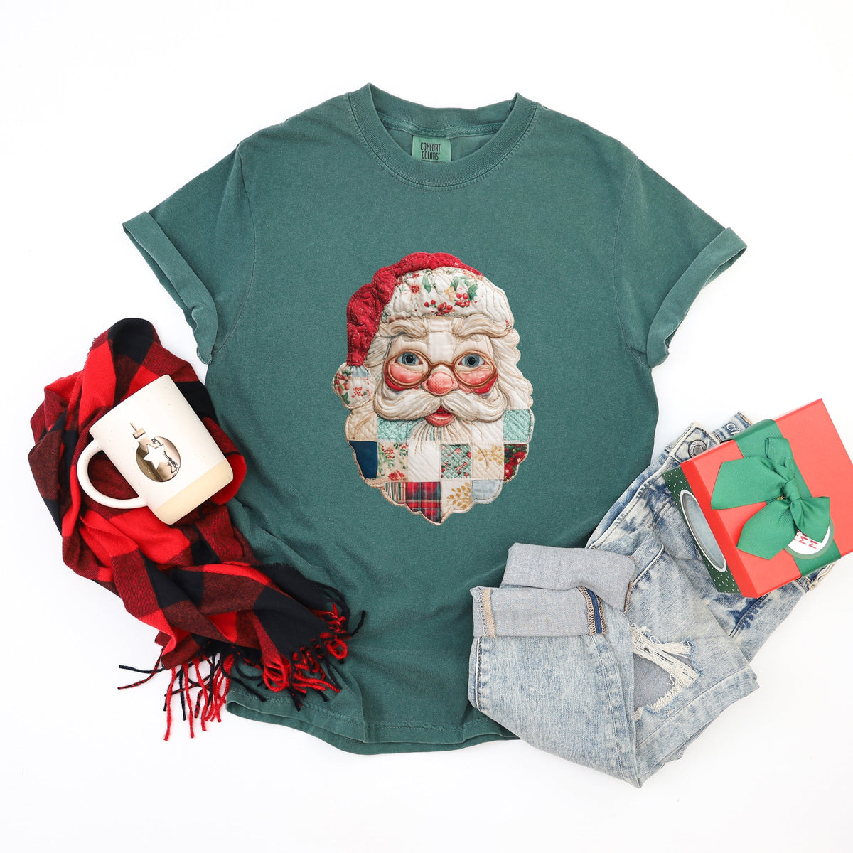 Santa Face Patchwork Print - Women's Garment Dyed Tee