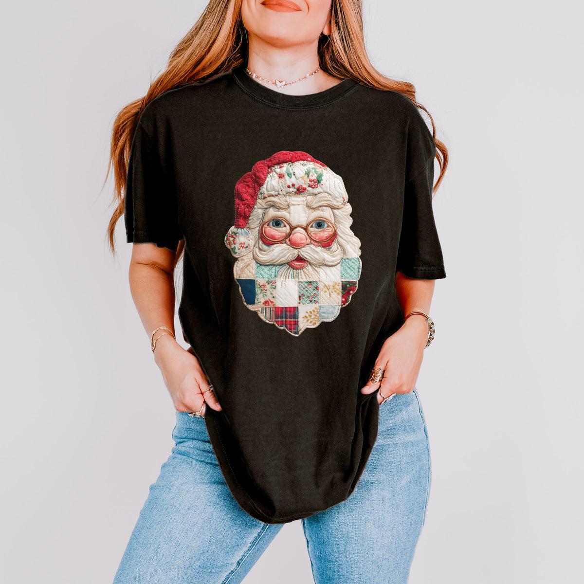 Santa Face Patchwork Print - Women's Garment Dyed Tee