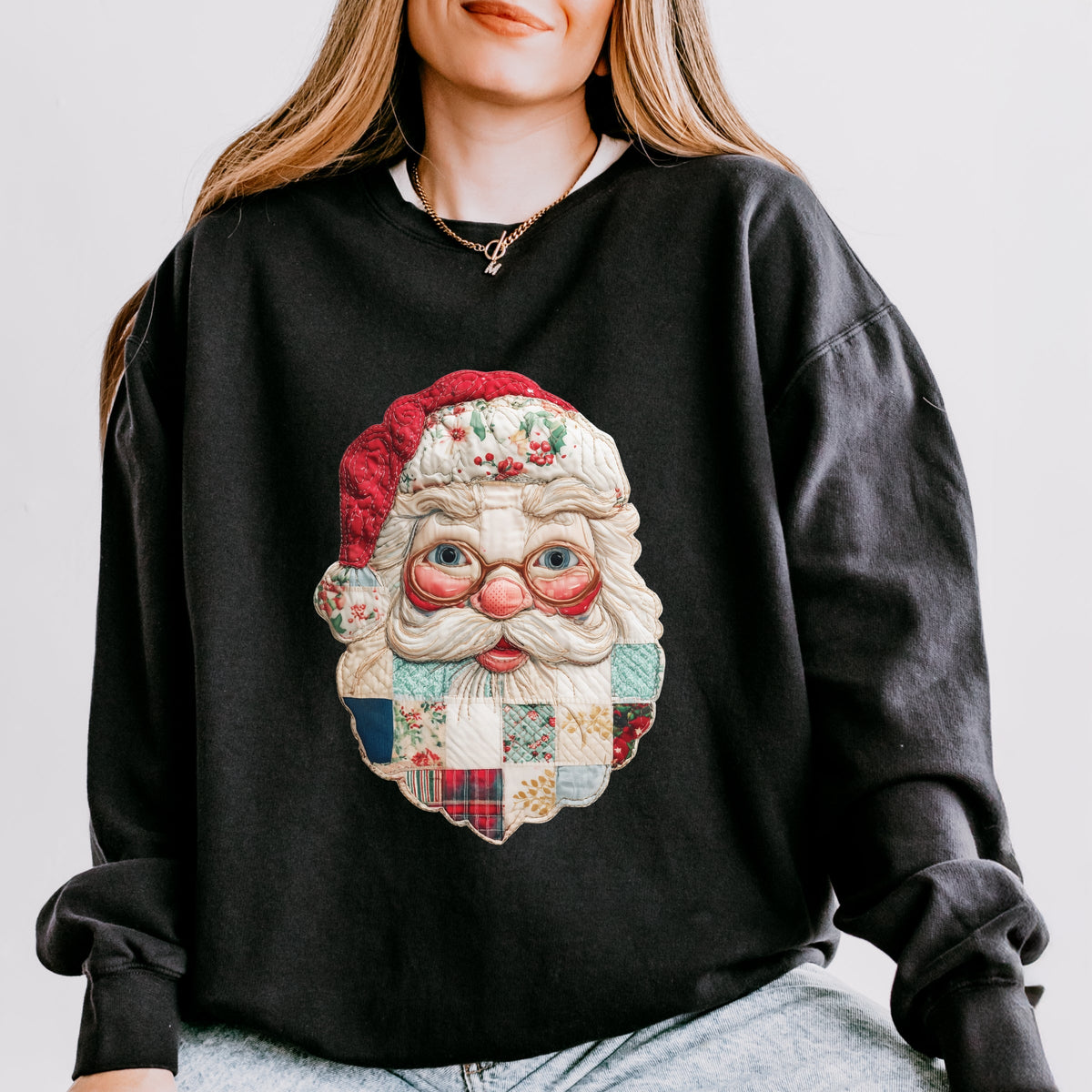 Santa Face Patchwork Print - Women's Lightweight Garment Dyed Sweatshirt