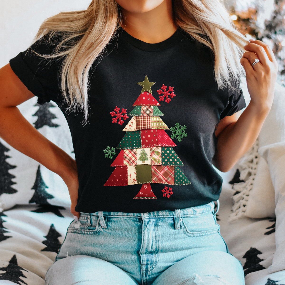 Christmas Tree Patchwork Print - Women's Short Sleeve Graphic T-Shirt