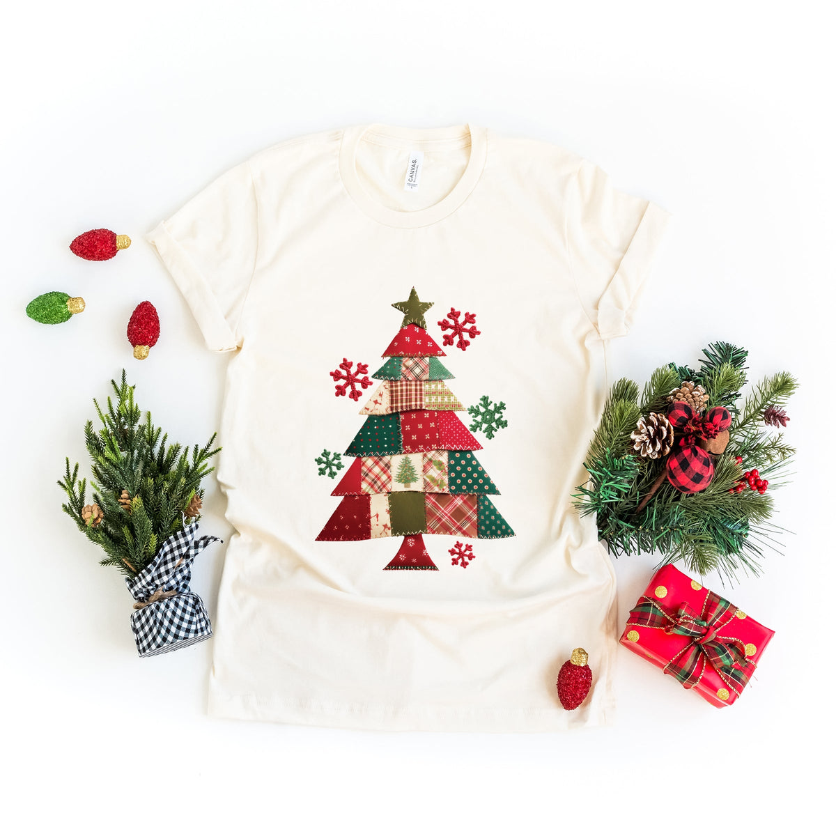 Christmas Tree Patchwork Print - Women's Short Sleeve Graphic T-Shirt