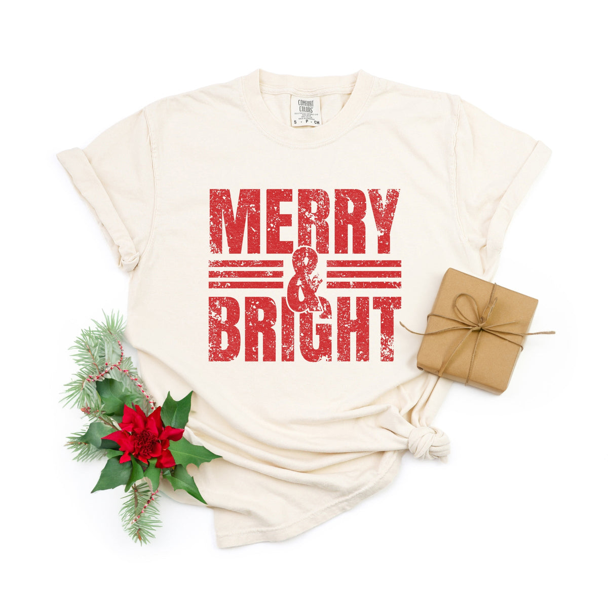 Merry & Bright Distressed - Women's Garment Dyed Graphic T-Shirt