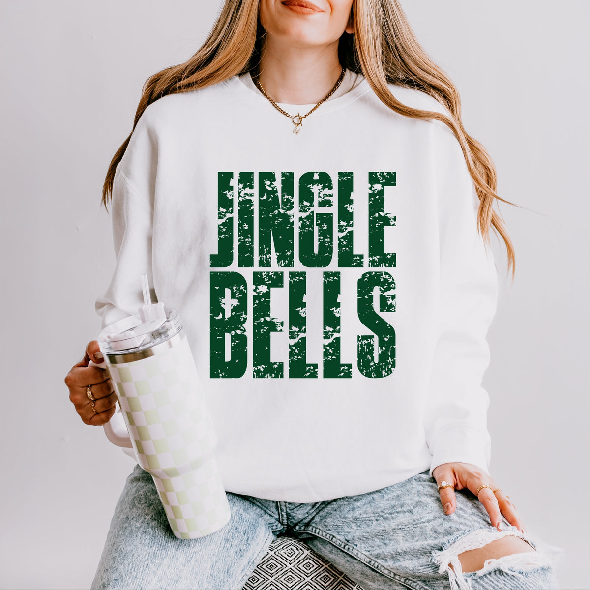 Jingle Bells Block Distressed - Women's Lightweight Garment Dyed Sweatshirt