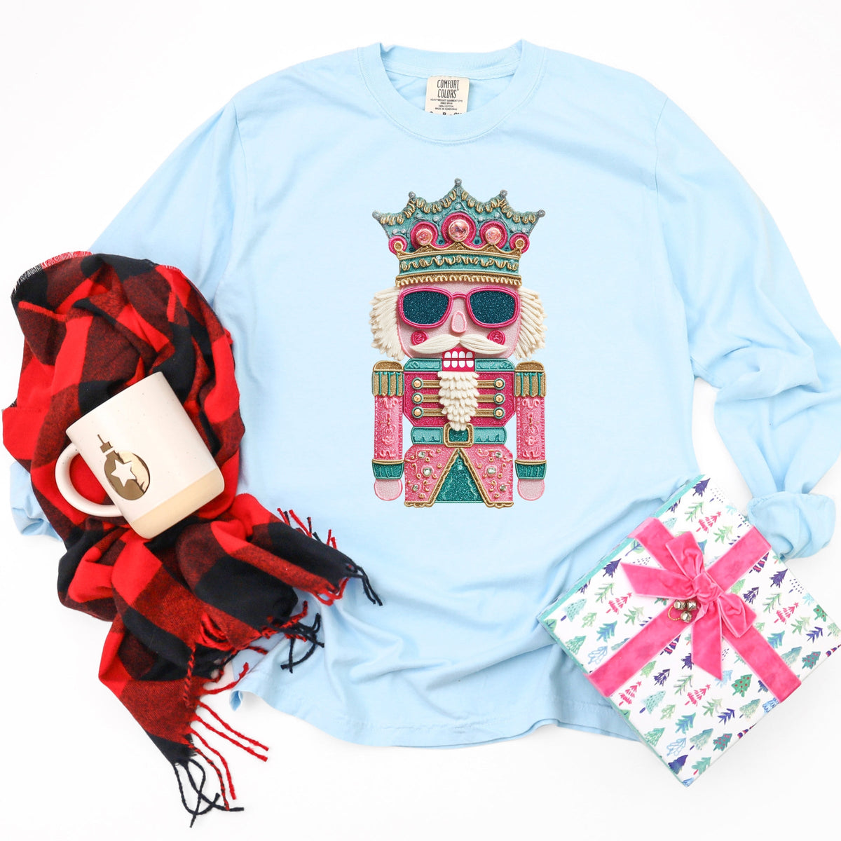 Pink and Teal Nutcracker Patchwork Print - Women's Garment Dyed Long Sleeve Graphic T-Shirt