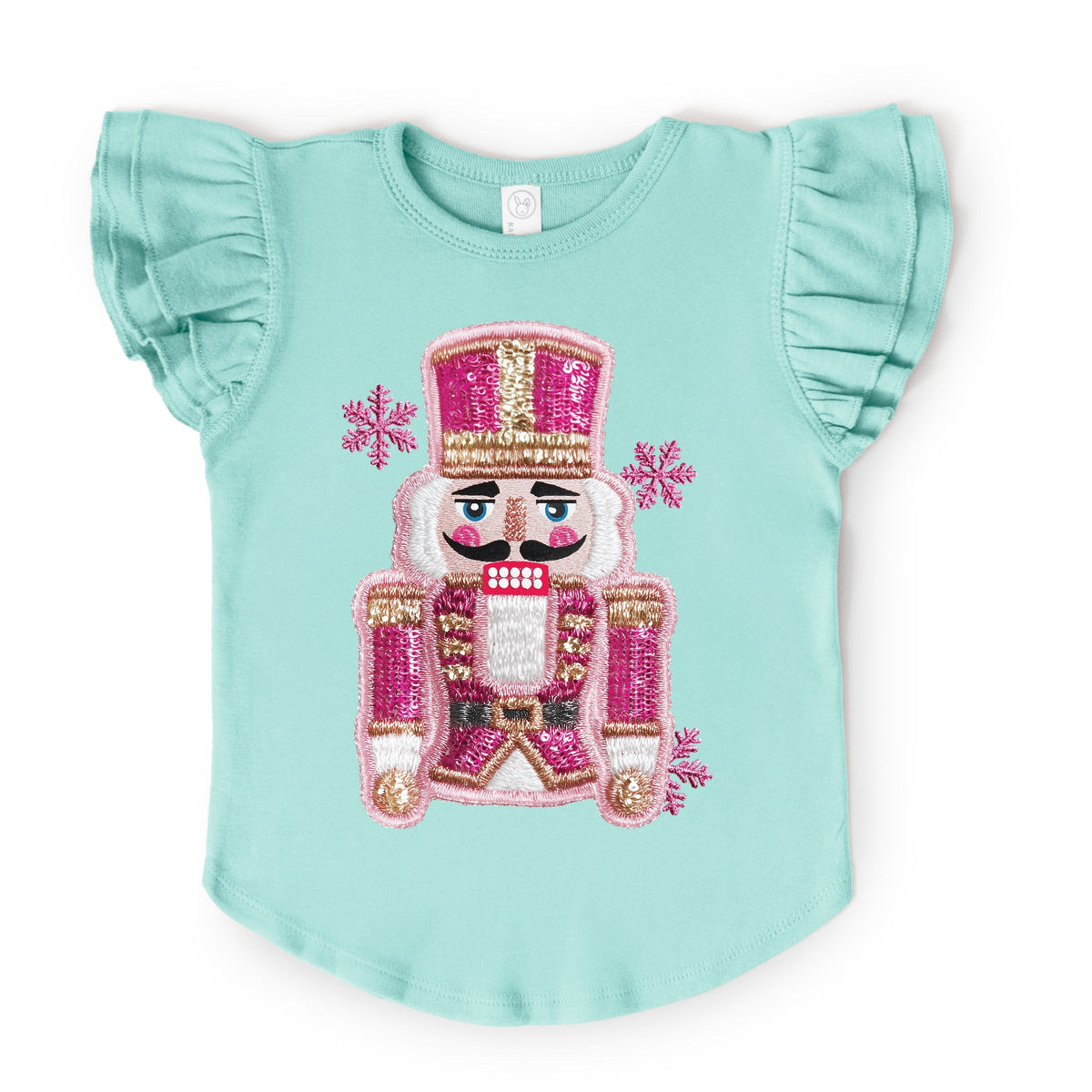 Pink Snowflake Nutcracker Patchwork Print - Flutter Sleeve Graphic T-Shirt