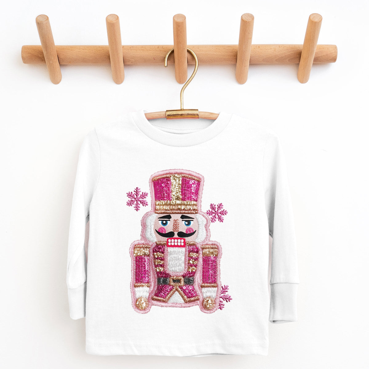Pink Snowflake Nutcracker Patchwork Print - Toddler Long Sleeve Graphic Tee and Youth Long Sleeve Graphic T-Shirt