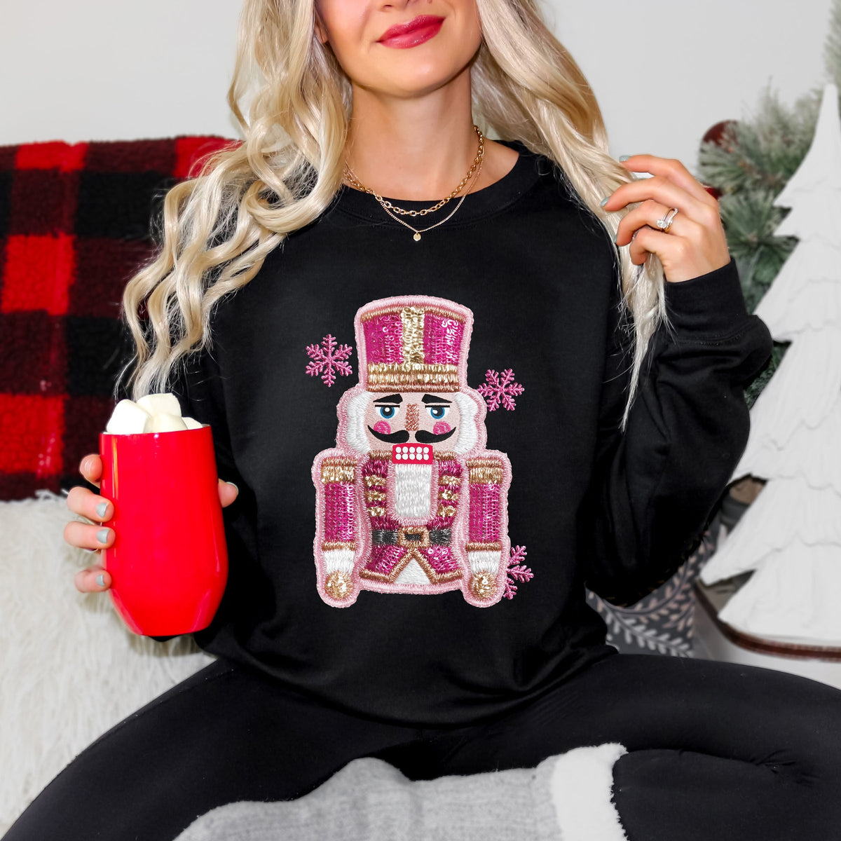 Pink Snowflake Nutcracker Patchwork Print - Women's Graphic Sweatshirt