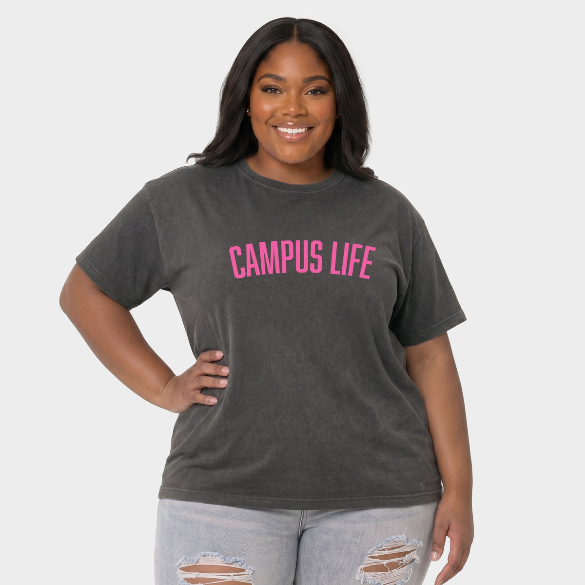 Campus Life Varsity - Women's Plus Sized Garment Dyed Graphic T-Shirt