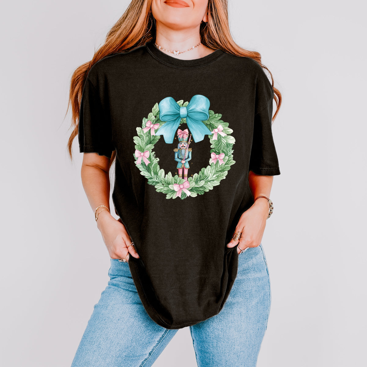 Nutcracker Wreath Coquette - Women's Garment Dyed Graphic T-Shirt