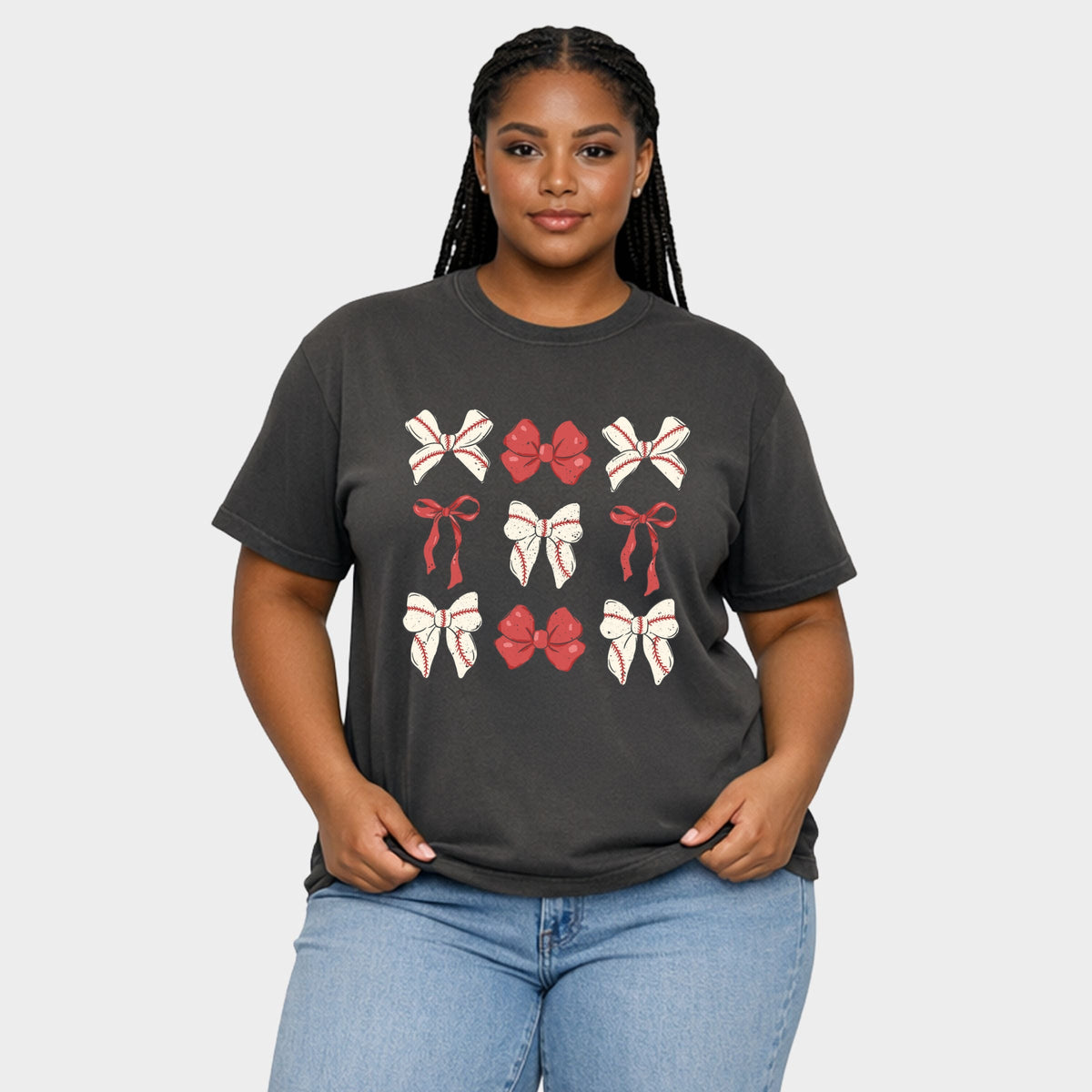 Coquette Baseball Bow Chart - Women's Plus Sized Garment Dyed Graphic T-Shirt