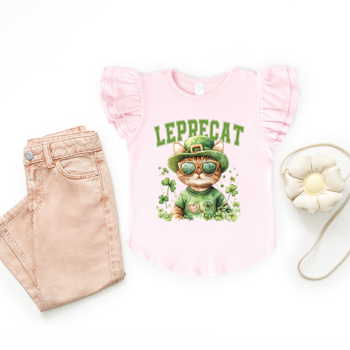 Leprecat Watercolor Cat - Flutter Sleeve Graphic T-Shirt