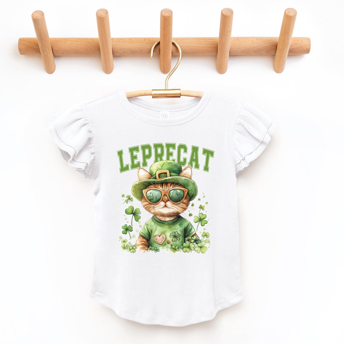 Leprecat Watercolor Cat - Flutter Sleeve Graphic T-Shirt