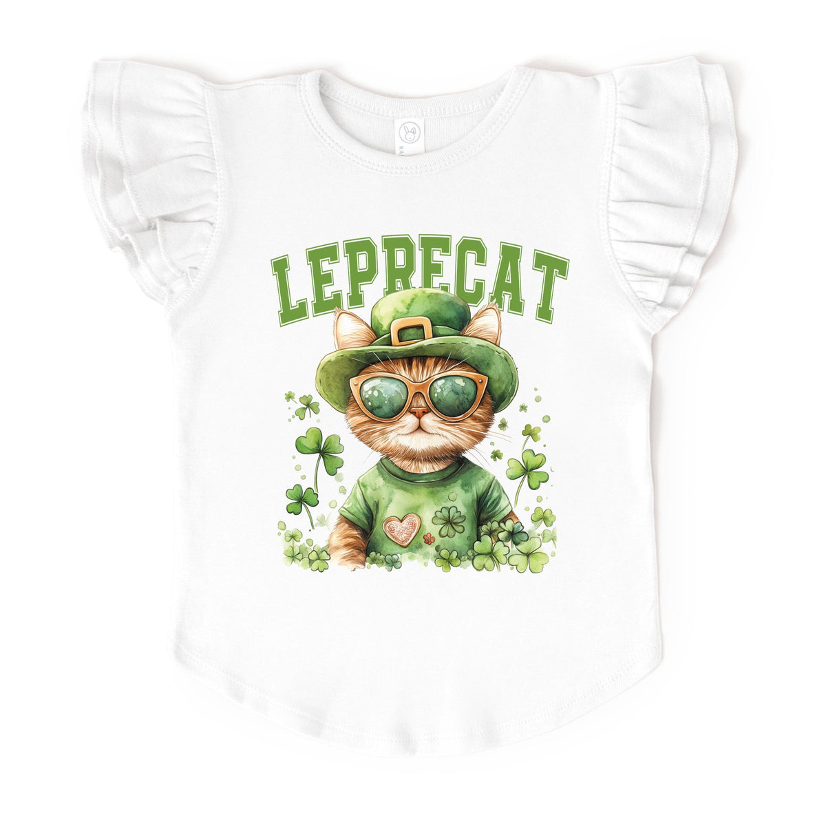 Leprecat Watercolor Cat - Flutter Sleeve Graphic T-Shirt