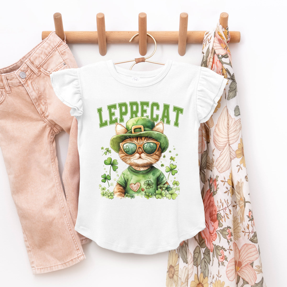 Leprecat Watercolor Cat - Flutter Sleeve Graphic T-Shirt