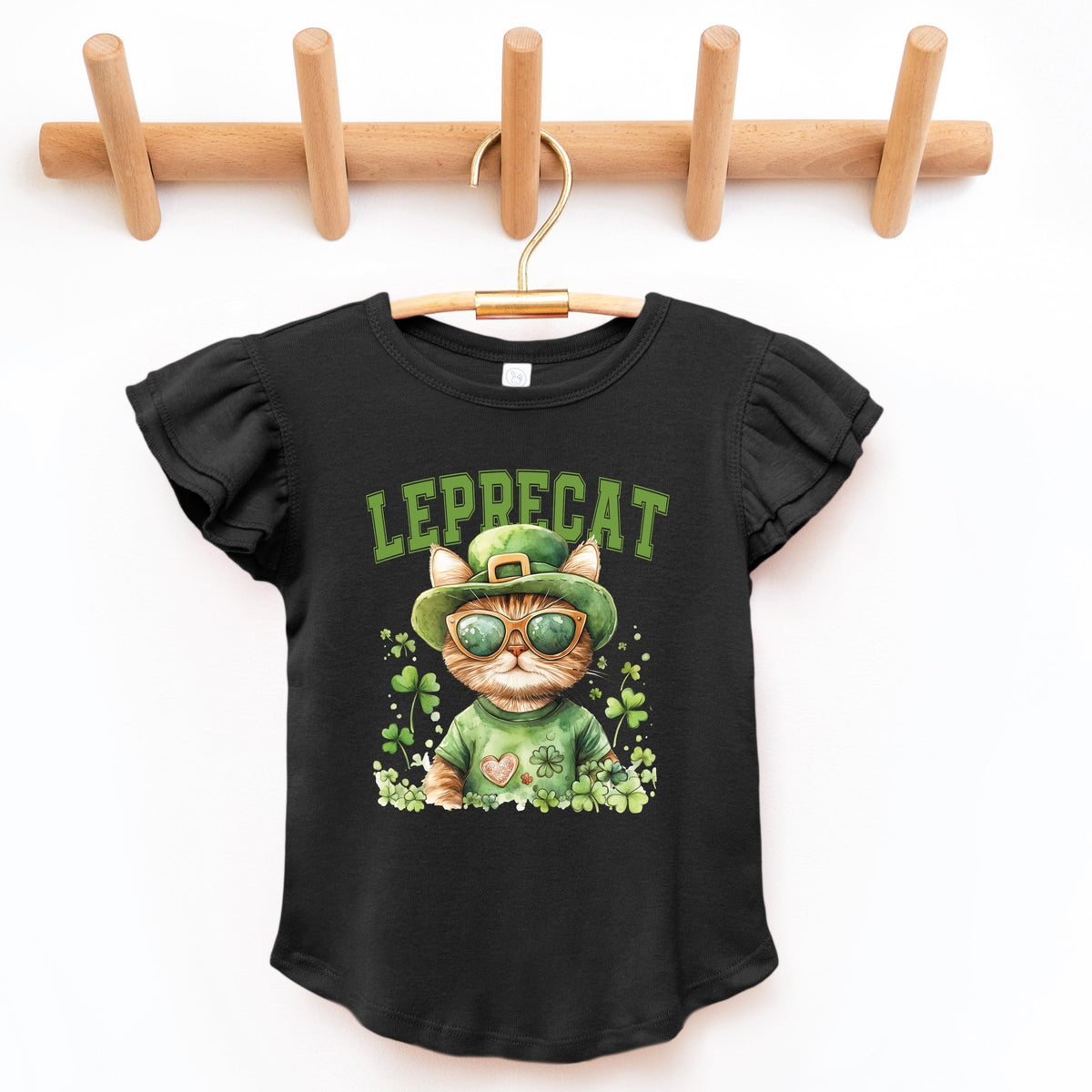 Leprecat Watercolor Cat - Flutter Sleeve Graphic T-Shirt