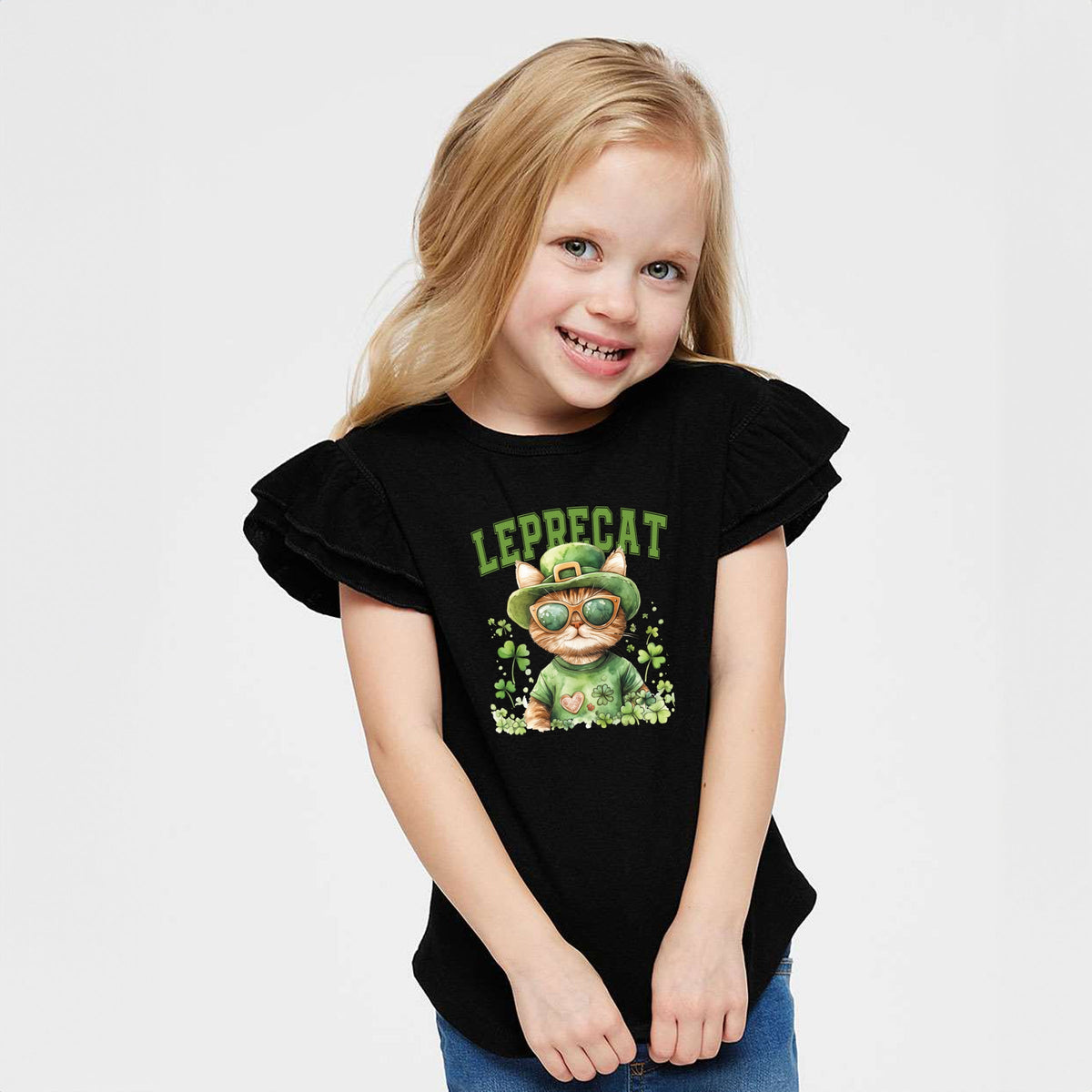 Leprecat Watercolor Cat - Flutter Sleeve Graphic T-Shirt