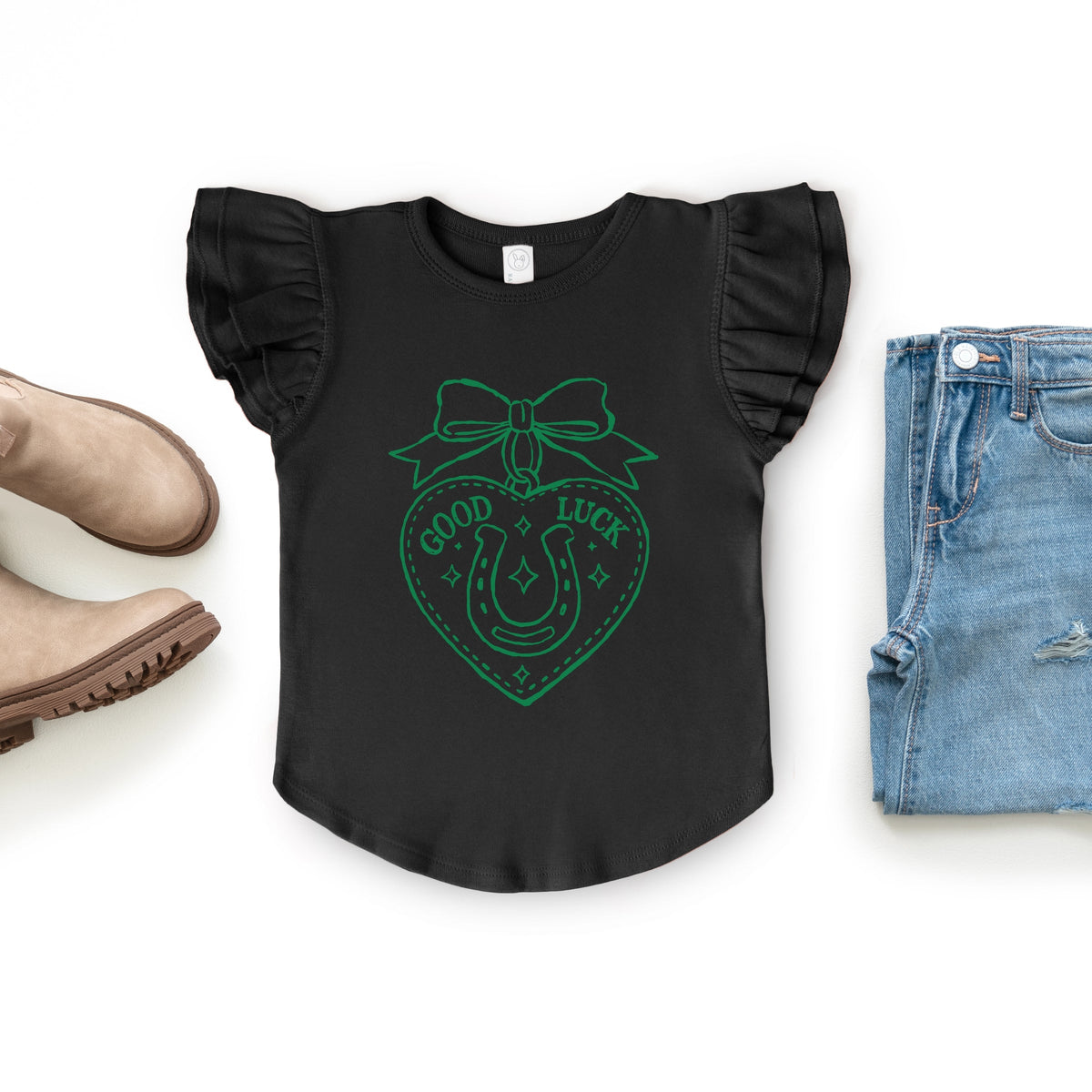 Good Luck Charm Outline - Flutter Sleeve Graphic T-Shirt