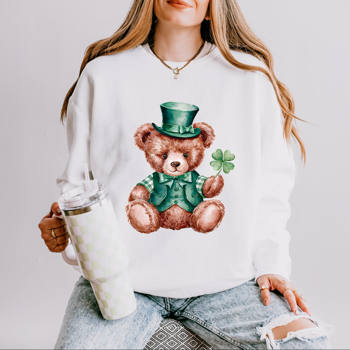 St. Patrick's Bear Clover - Women's Lightweight Garment Dyed Sweatshirt