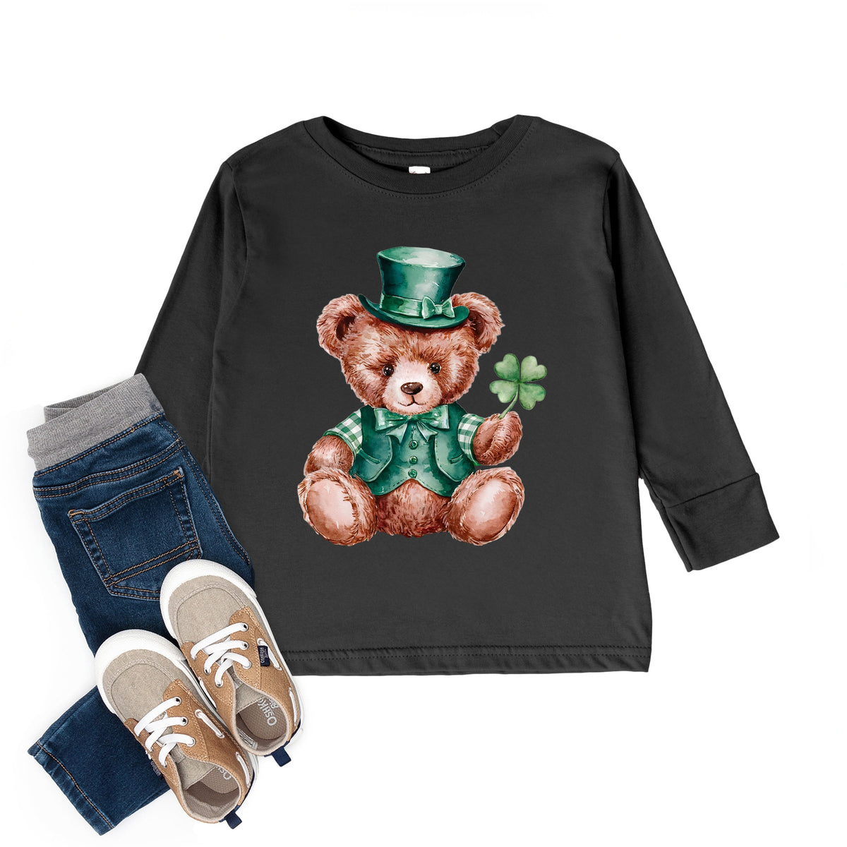 St. Patrick's Bear Clover - Toddler Long Sleeve Graphic Tee