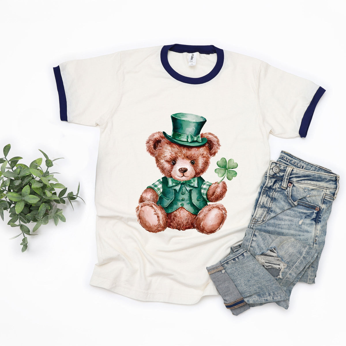 Watercolor Leprechaun Teddy Bear - Women's Ringer Graphic T-Shirt