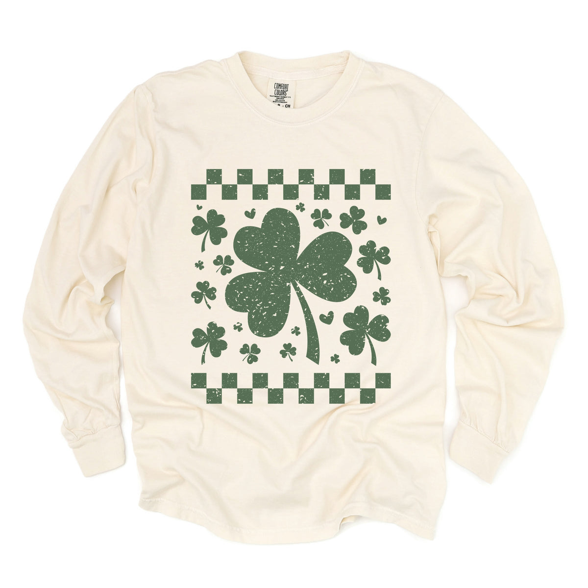Clovers Checkered Distressed - Women's Garment Dyed Long Sleeve Graphic T-Shirt