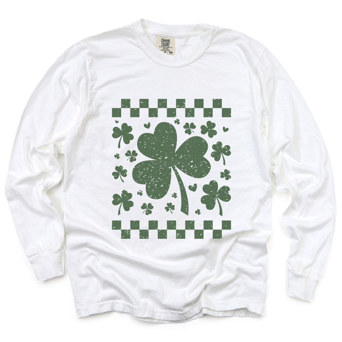 Clovers Checkered Distressed - Women's Garment Dyed Long Sleeve Graphic T-Shirt