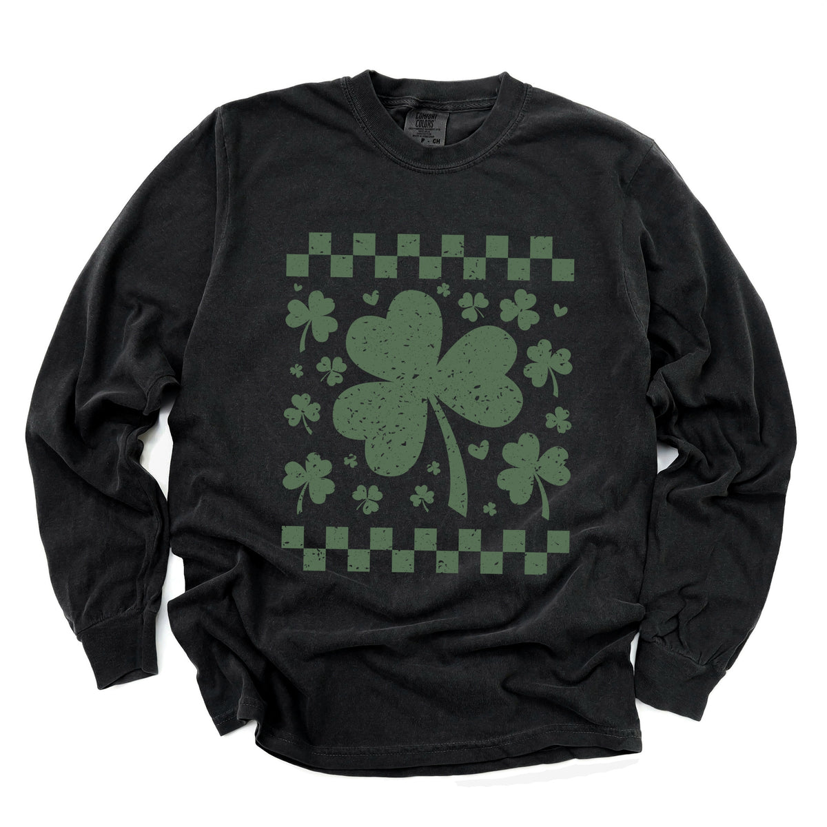 Clovers Checkered Distressed - Women's Garment Dyed Long Sleeve Graphic T-Shirt