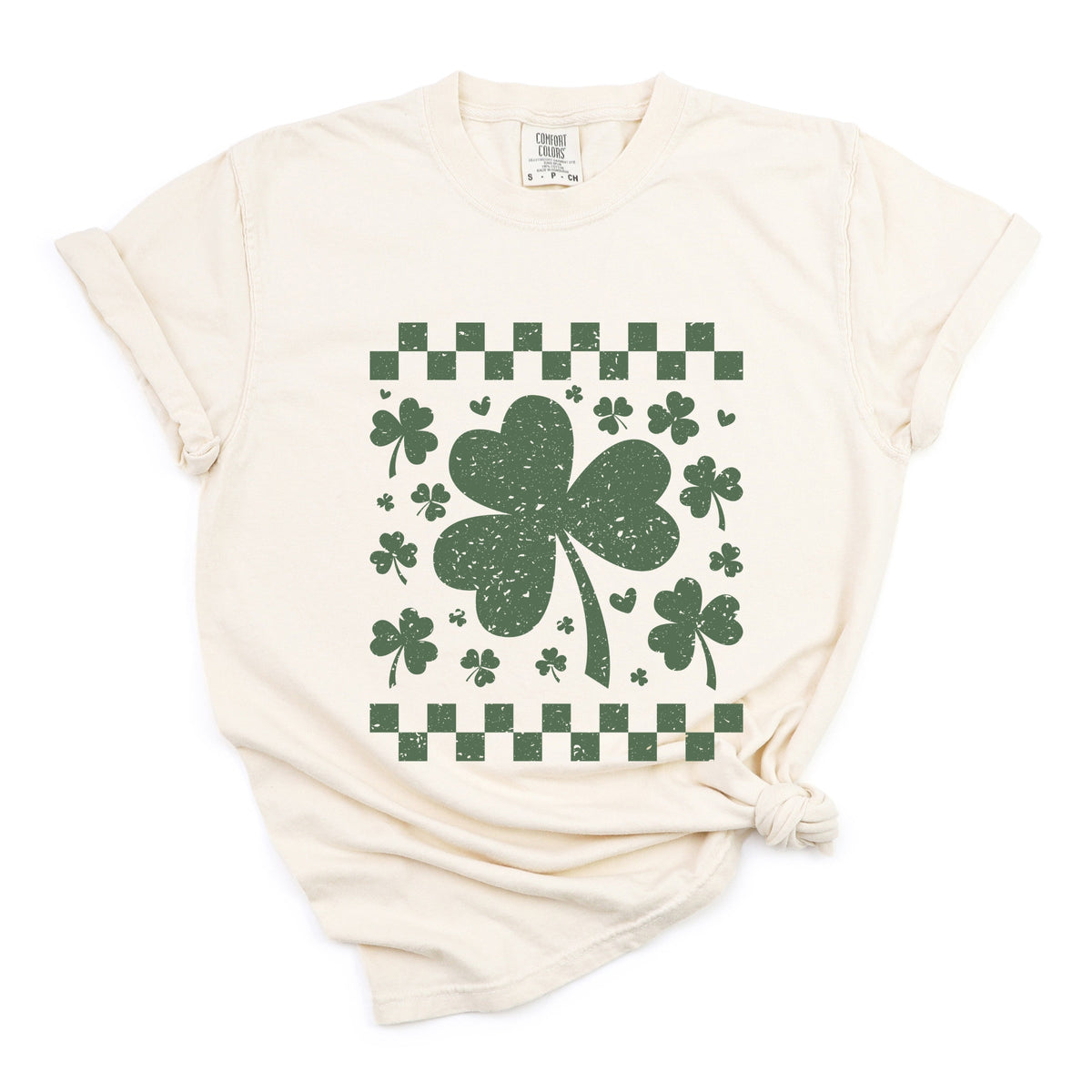 Clovers Checkered Distressed - Women's Garment Dyed Graphic T-Shirt