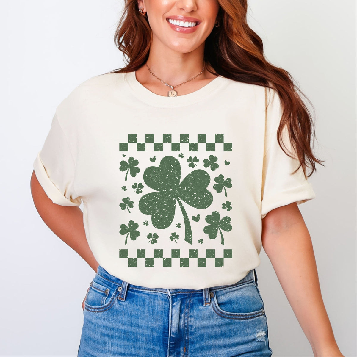 Clovers Checkered Distressed - Women's Garment Dyed Graphic T-Shirt