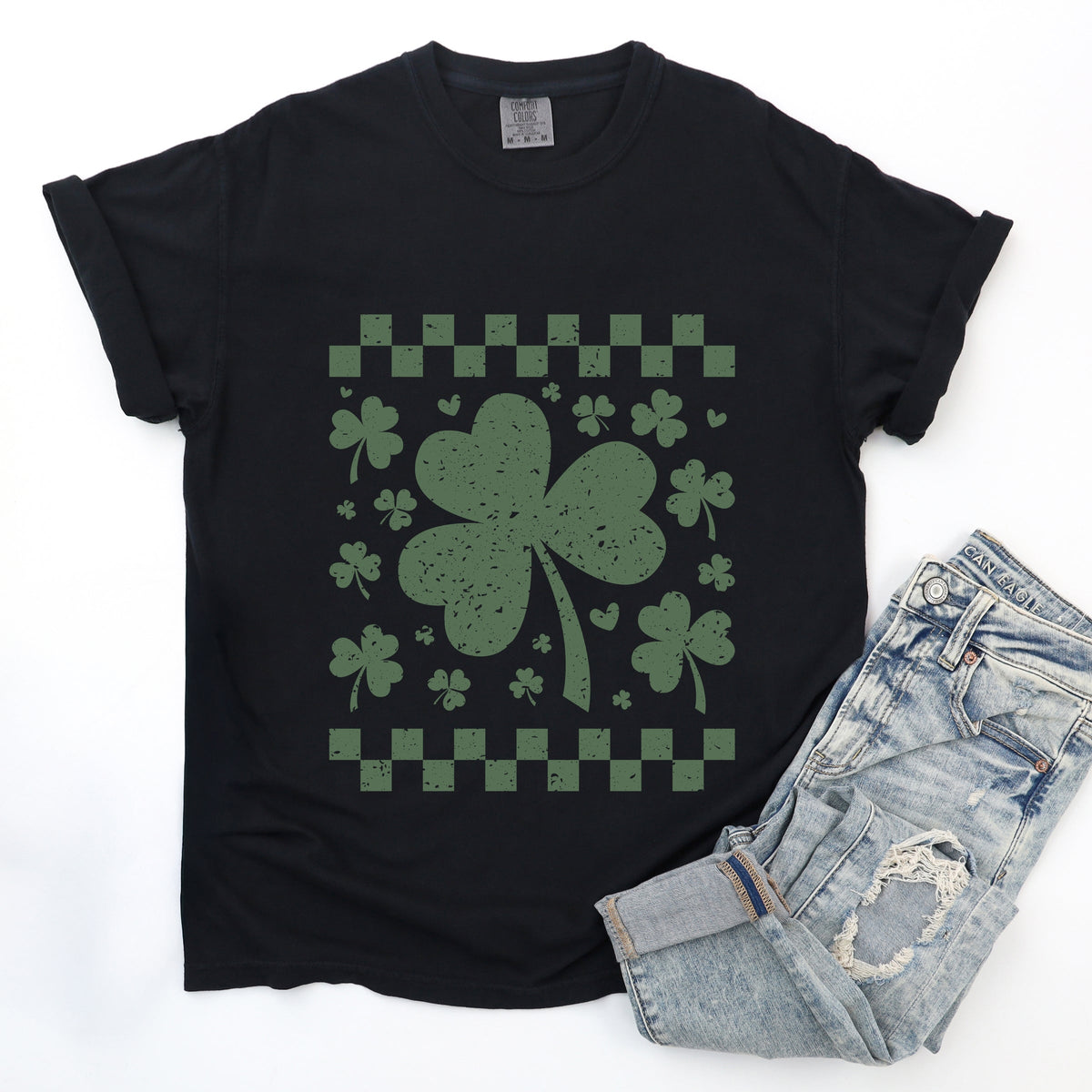 Clovers Checkered Distressed - Women's Garment Dyed Graphic T-Shirt