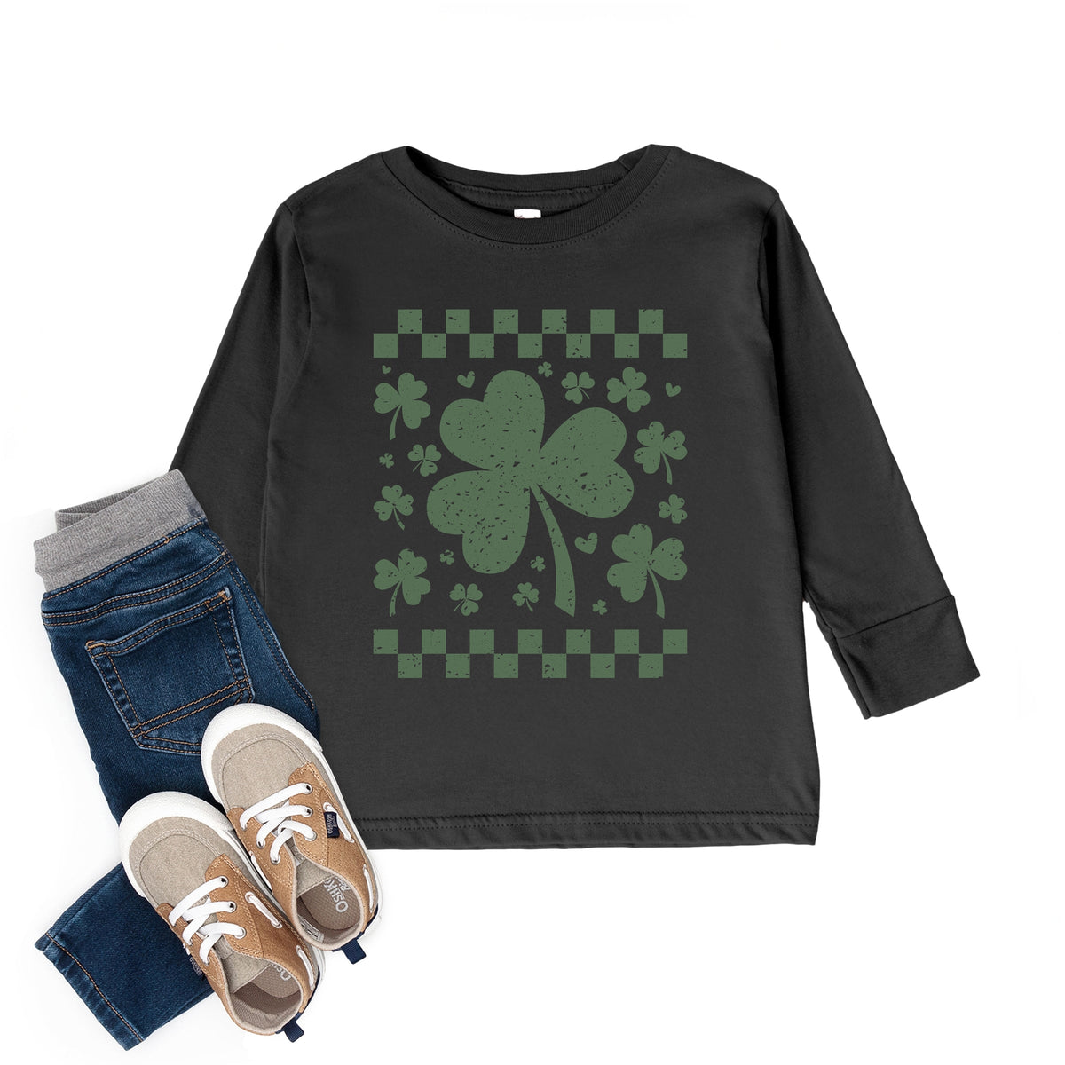 Clovers Checkered Distressed - Toddler Long Sleeve Graphic Tee