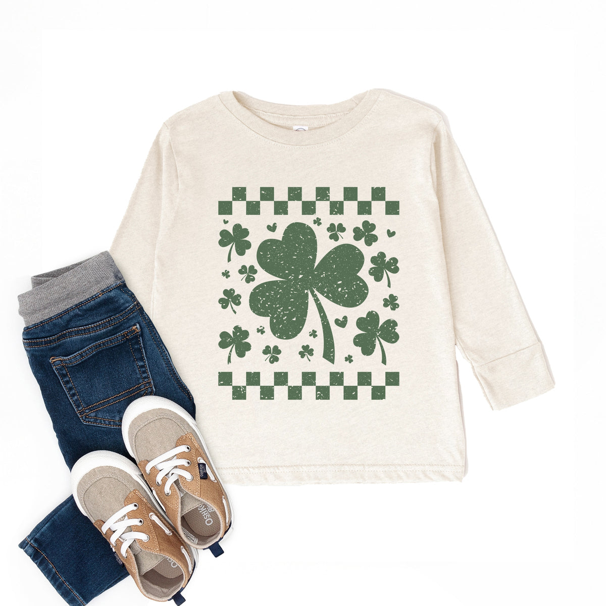 Clovers Checkered Distressed - Toddler Long Sleeve Graphic Tee