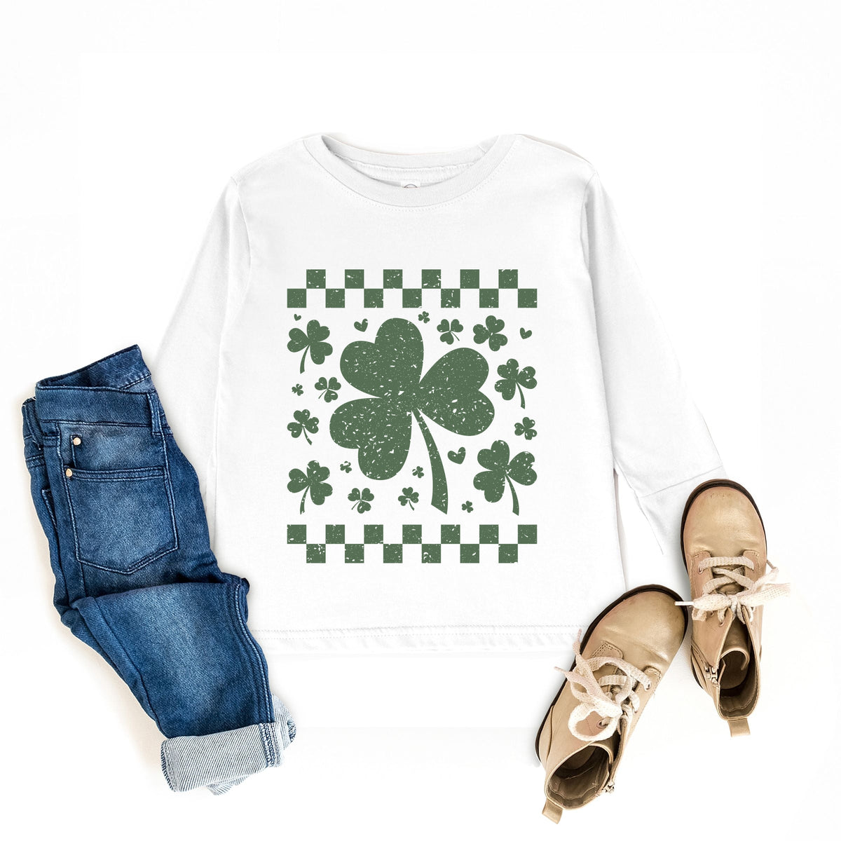 Clovers Checkered Distressed - Toddler Long Sleeve Graphic Tee