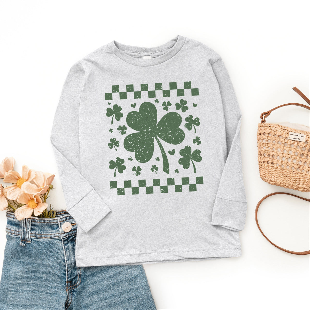 Clovers Checkered Distressed - Youth Long Sleeve Graphic T-Shirt