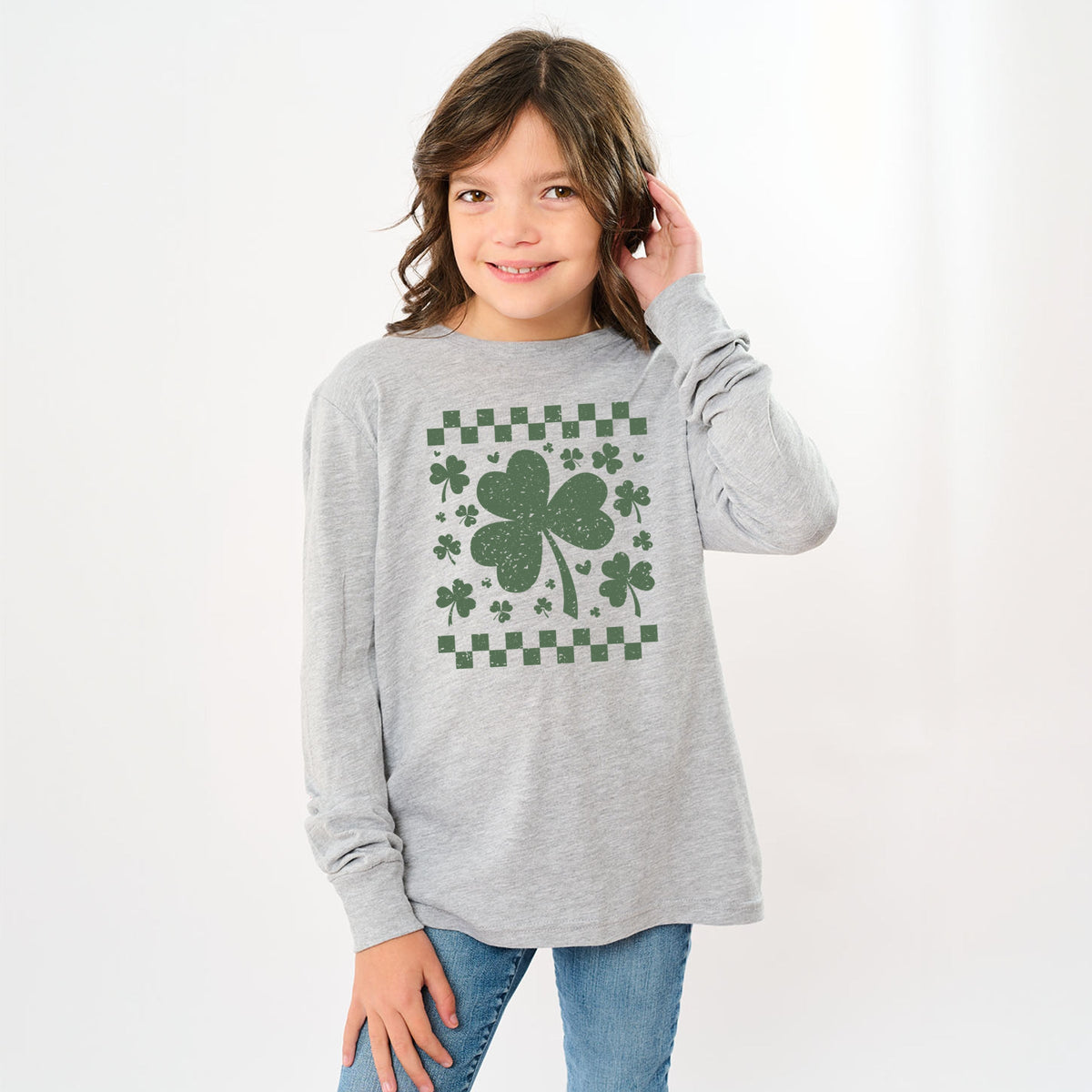 Clovers Checkered Distressed - Youth Long Sleeve Graphic T-Shirt