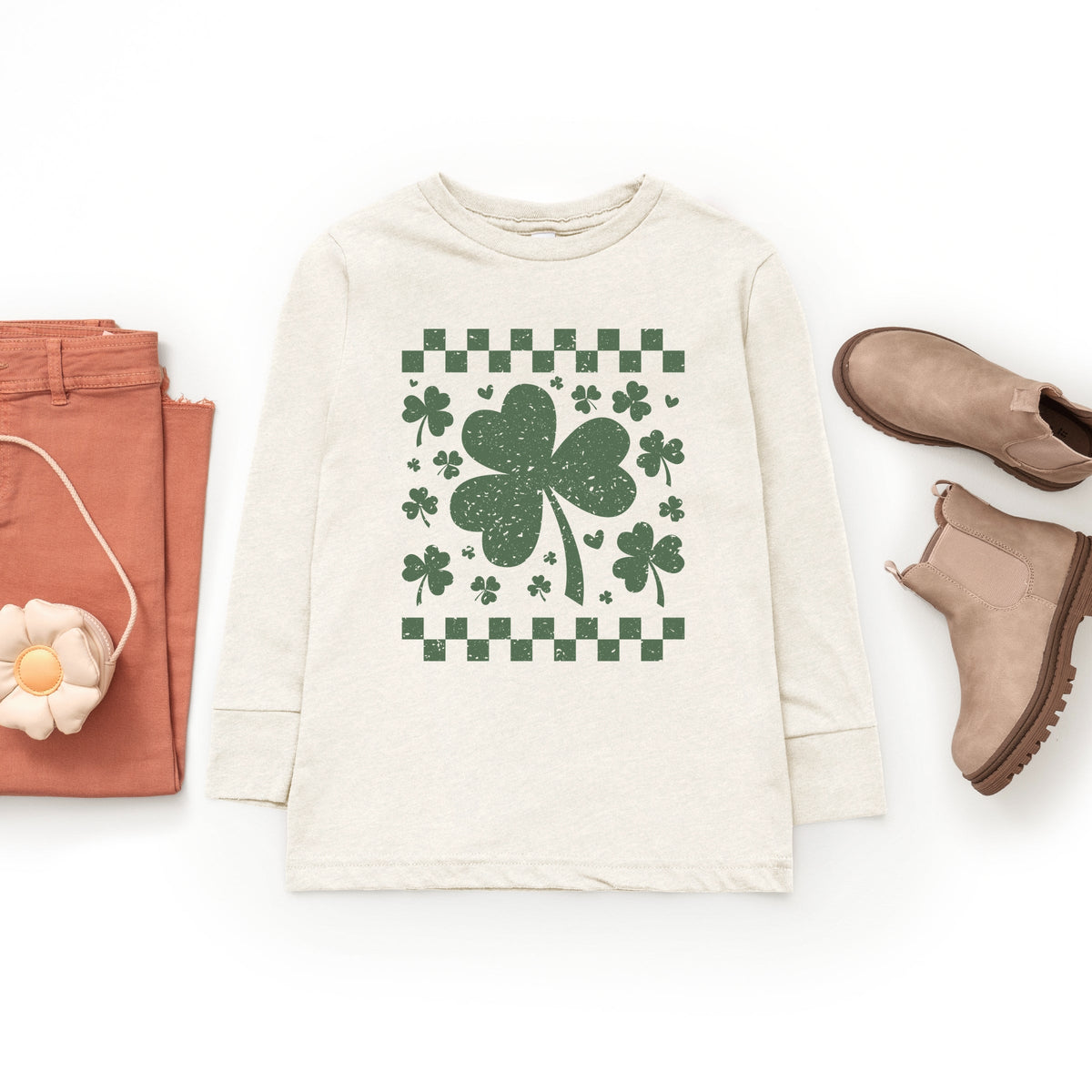 Clovers Checkered Distressed - Youth Long Sleeve Graphic T-Shirt