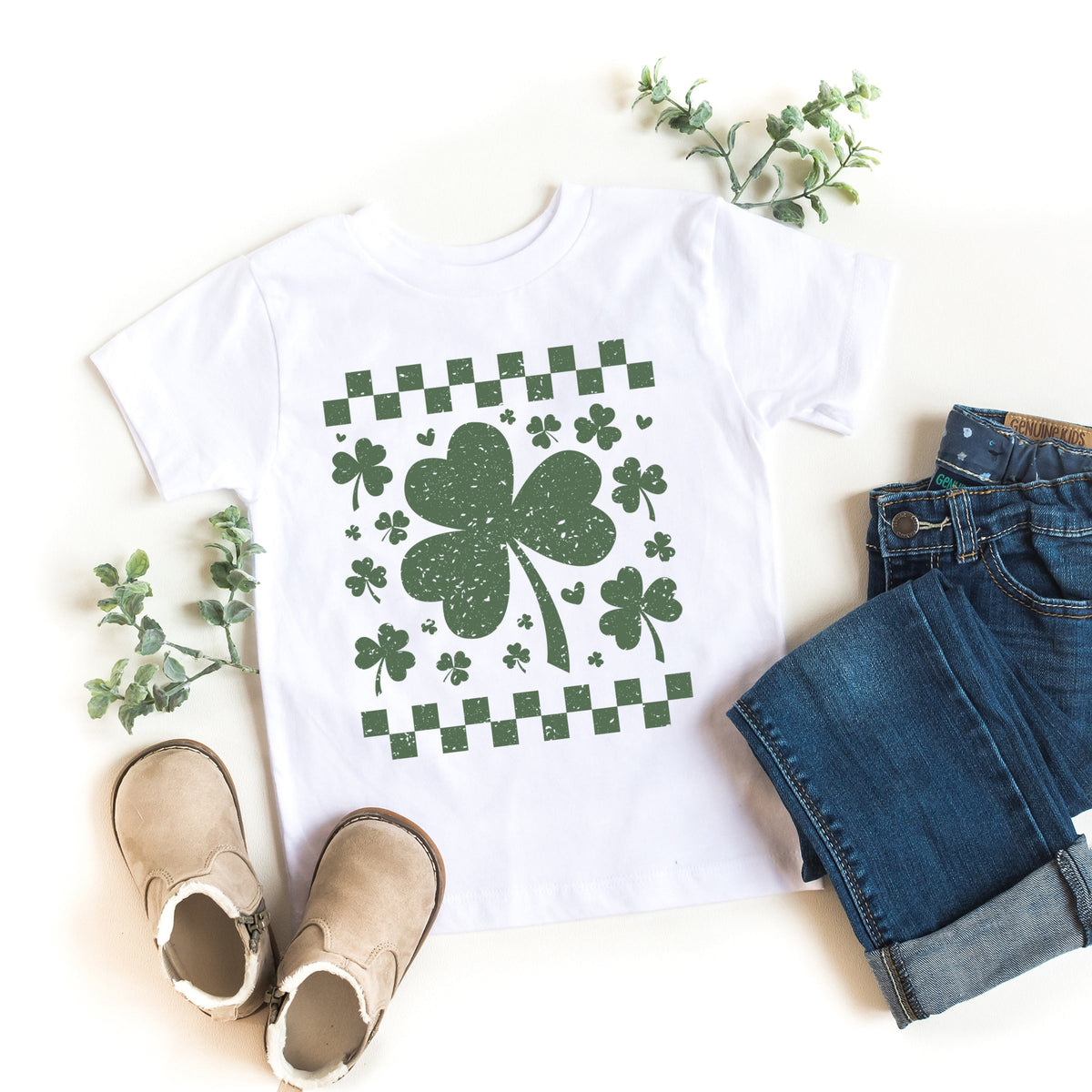Clovers Checkered Distressed - Toddler Short Sleeve Graphic T-Shirt